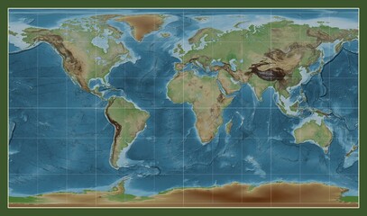 World map. Colored elevation. Patterson Cylindrical projection. Meridian: 0