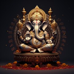 Fototapeta premium A picture of Ganesha is depicted sitting with a dark background, generated by AI