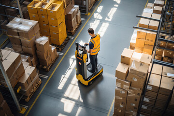 A warehouse employee moving goods in a large logistics centre. Aerial view of a young man transporting package boxes with a pallet truck within a modern fulfillment centre.