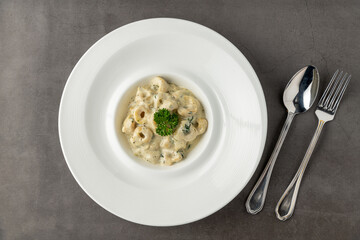 Delicious italian food tortellini pasta with mushroom cream sauce and cheese