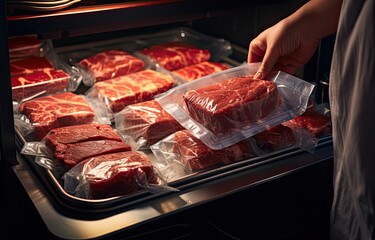 Hand scooping beef into individual plastic packages