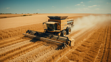 Fototapeta premium a combine harvester mows a wheat field.