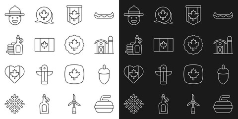 Set line Stone for curling, Acorn, Farm house, Pennant flag of Canada, Flag, Syrup with pancakes, Canadian ranger hat and maple leaf icon. Vector