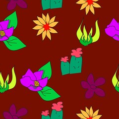 Various Flowers on Red Background Pattern, Tile use for fabric, tile, art job, etc.