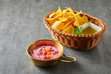 Mexican chips and beetroot humus 
