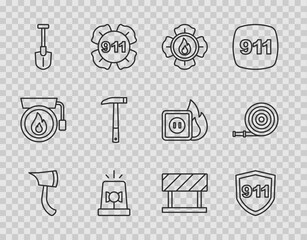 Set line Firefighter axe, Emergency call 911, Flasher siren, shovel, Road barrier and hose reel icon. Vector
