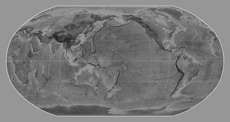 World map. Grayscale. Robinson projection. Meridian: 180 - obrazy, fototapety, plakaty