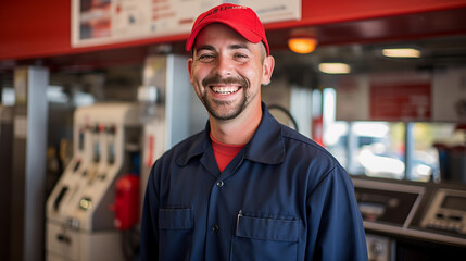 smiling gas station employee. AI Generated.