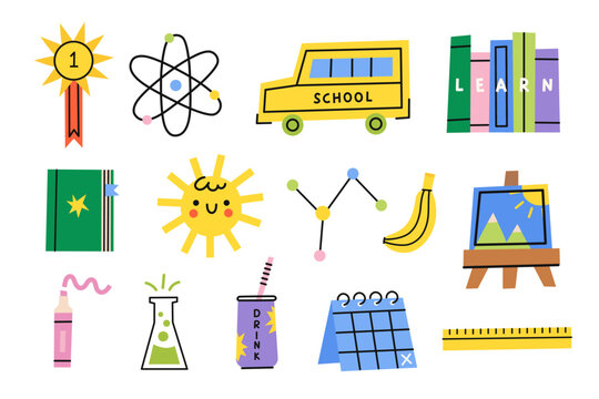 Back to school set. Collection of school supplies. Vector flat illustration.
