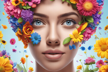 Naklejka premium Mental health day poster, woman made of colorful flowers fictional face