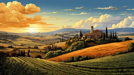 Deurstickers farmland landscape art tuscany painting © Photo And Art Panda