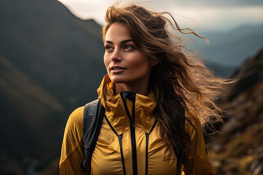 Woman In Sports Gear Hiking On In The Mountains