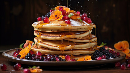 Delicious pancakes with berries and honey, jam - obrazy, fototapety, plakaty