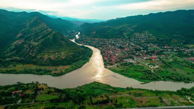 Aerial view of the confluence of the Aragvi and Kura rivers. Georgia