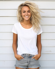 Woman standing in front of a wood backdrop, wearing a blank Bella Canvas 3001 style t-shirt, shirt mockup, white shirt, trendy, fashion