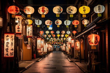 Japanese lanterns with kanji on the street at night. AI Generated.