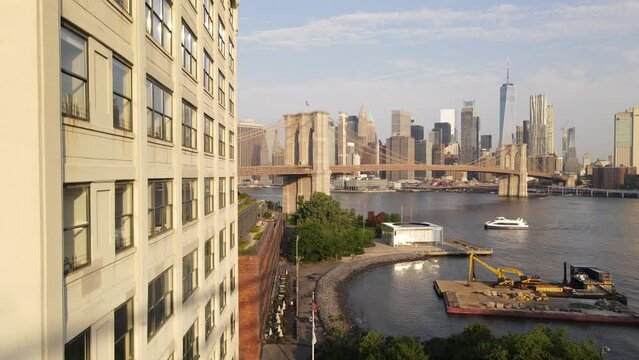 Aerial shot of The Brooklyn Waterfront and New York Skyline