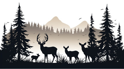 Black silhouette of deer family with baby and forest fir trees wildlife adventure