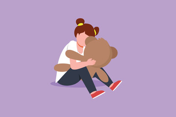 Cartoon flat style drawing happy beautiful little girl hugging big teddy bear, sitting on floor at home, adorable kid doll toys. Little girl playing with teddy bear. Graphic design vector illustration