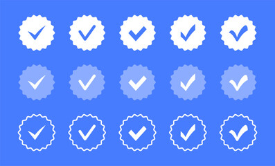 Profile verification icons. Verified badge. Approved icon. Check mark. Badges of approval, quality, accept and verified. Vector illustration.