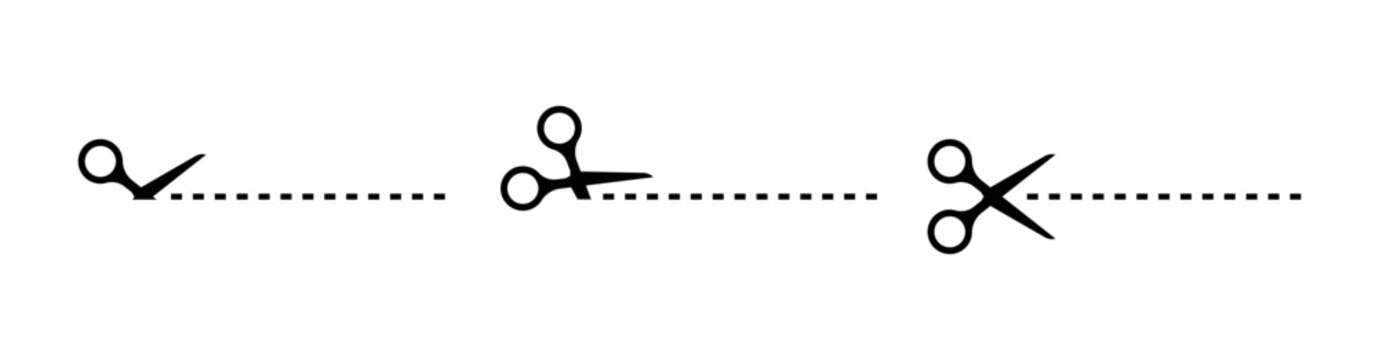 Set of scissors with cut lines. Black scissors cutting. Vector icons.