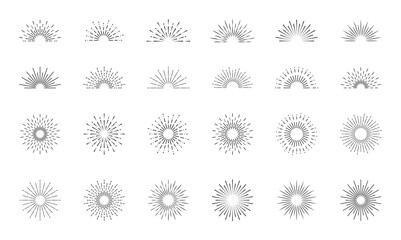 Obraz premium Sunburst set. Light rays collection. Vintage sunburst. Explosion, firework, sparks, star light, sun rays. Element for logotype, emblem, banner or lettering. Vector illustration.