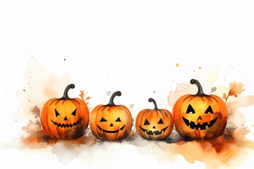 Halloween scary watercolour pumpkins on white background. AI generated