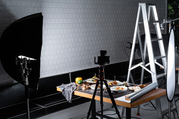 Professional food-photographer, Photo studio with professional lighting equipment