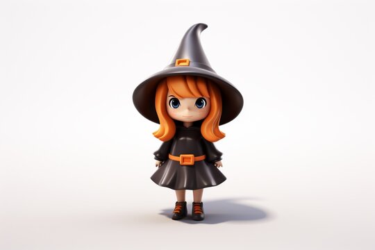 3d cute girl in a witch’s costume for halloween on white background. AI generated