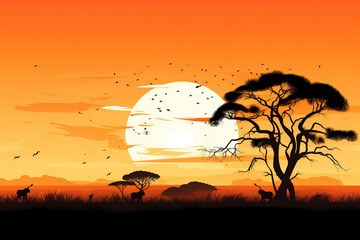Africa Safari Savanna landscape background banner panorama for logo - Black silhouette of wild animals, trees and sun