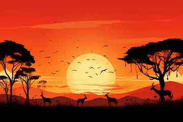 Poster Africa Safari Savanna landscape background banner panorama for logo - Black silhouette of wild animals, trees and sun © arhendrix