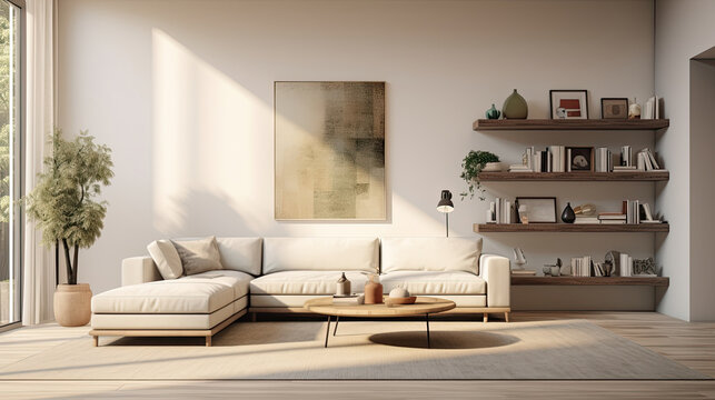 Modern minimalist home interior, white sofa, beige colors, painting
