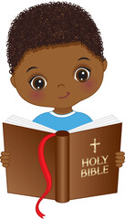 Vector Cute Little African American Boy Studying Bible