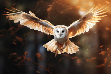 Image of a barn owl flying in the forest, Bird, Wildlife Animals., Generative AI, Illustration.