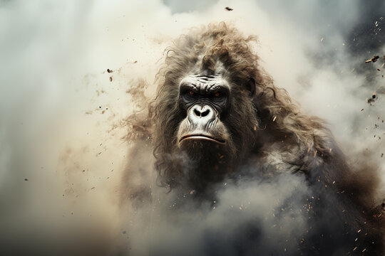 Image of ferocious eerie angry gorilla and there is smoke and fire, Wildlife Animals., Generative AI, Illustration.