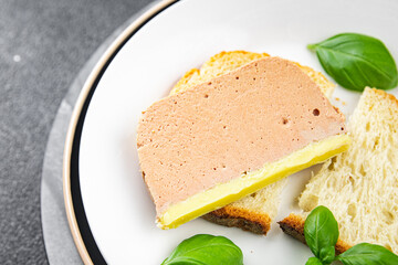 duck mousse portioned slice pate ready to eat healthy appetizer meal food snack on the table copy space food background rustic top view