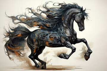Image of black horse running, Wildlife Animals., Generative AI, Illustration.
