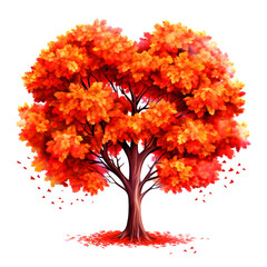 Autumn Maple Tree Heart Shape Watercolor Clipart isolated on Transparent Background.