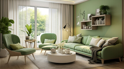 Modern living room in green, cozy room