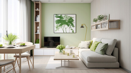 Modern living room in green, cozy room