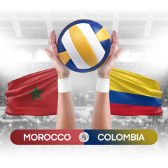 Morocco vs Colombia national teams volleyball volley ball match competition concept.