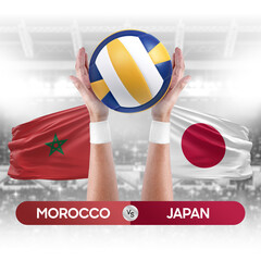 Morocco vs Japan national teams volleyball volley ball match competition concept.