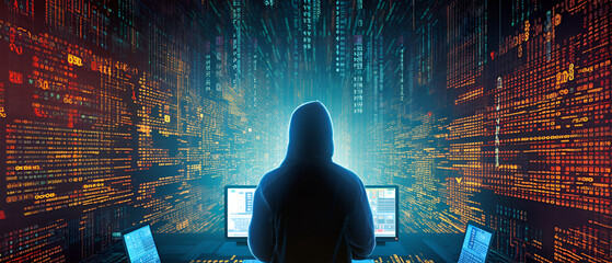 Hacker at laptop, numbers backdrop, generative ai