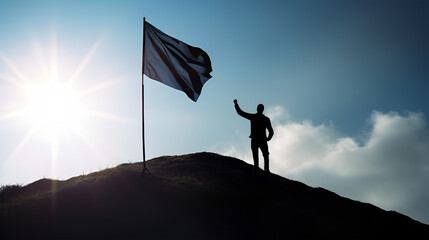 Silhouette of a person standing on the top of the mountain with a flag, Generative ai