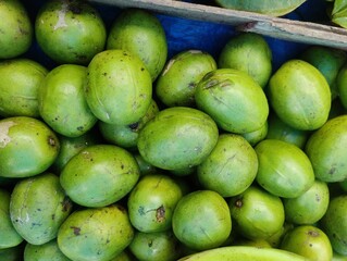 Ambarella fruit, golden apples or jew plums, are sweet and sour tropical fruits that can be eaten both ripe and unripe. Scientific name - Spondias dulcis. It is a very nutritional food. 