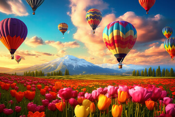 Hot air balloon flying over tulips flower fields in spring. 