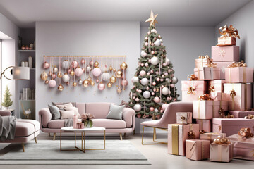 Decorated Christmas tree  and wall with pink presents in living room