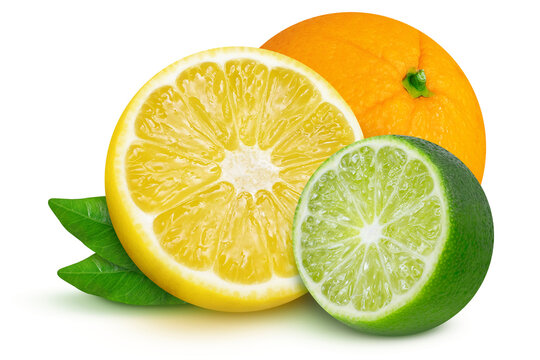 Lemon, orange and lime on an isolated white background. citruses. Whole and cut
