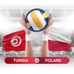 Tunisia vs Poland national teams volleyball volley ball match competition concept.