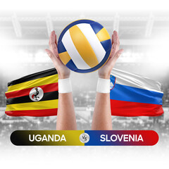Uganda vs Slovenia national teams volleyball volley ball match competition concept.
